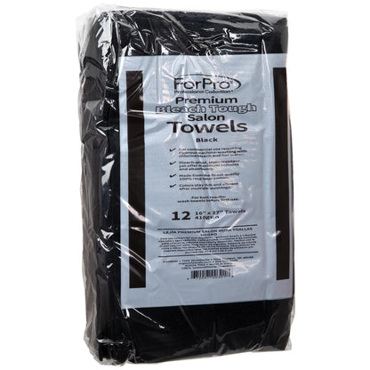 ForPro Premium Bleach Tough Salon Towels, Black, 100% Cotton, Bleach-Proof Towels, Stain Resistant, 16” W x 27” L, 12-Count