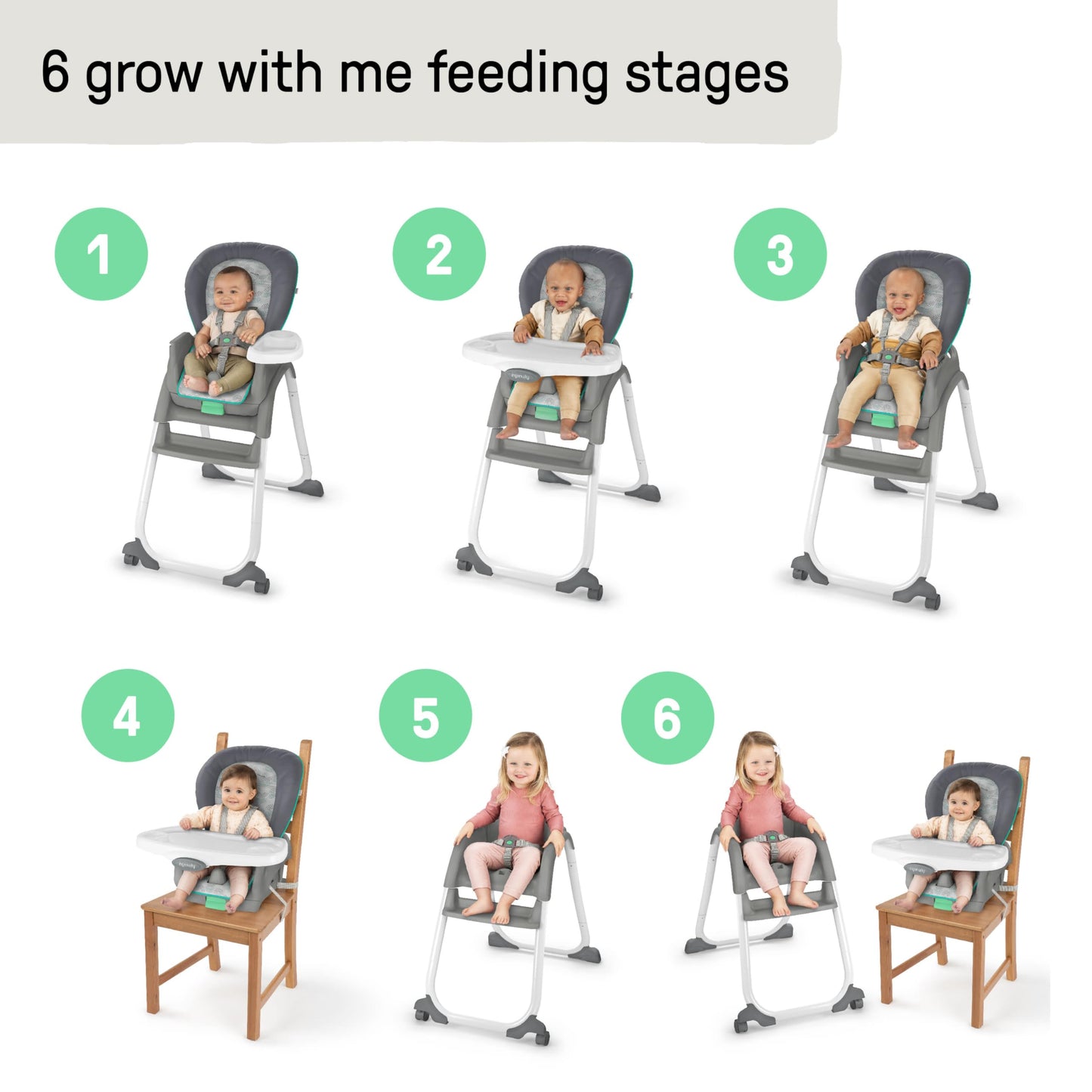 Ingenuity Full Course 6-in-1 High Chair - Baby to 5 Years Old, 6 Convertible Modes, 2 Dishwasher Safe Trays - Astro