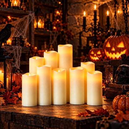 9 Pack Ivory Real Wax Flameless Candles, Gradient Height LED Taper Candles with Realistic Flickering Flame, 2 Remote Control Battery Operated Candles for Home, Wedding, Holiday Decor 🍁 All In One Marketplace Canada