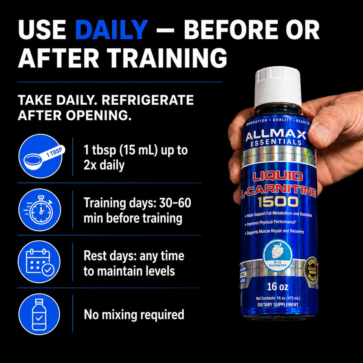 ALLMAX Nutrition Liquid L-Carnitine 1500 Miligrams, Blue Raspberry, 16 oz (473 ml) - Available at All In One Marketplace Canada