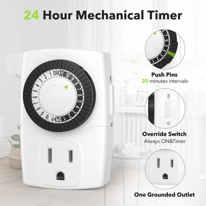 BN-LINK BND-60/U47 Indoor Mini 24-Hour Mechanical Outlet Timer, 3-Prong, 2-Pack - Available at All In One Marketplace Canada