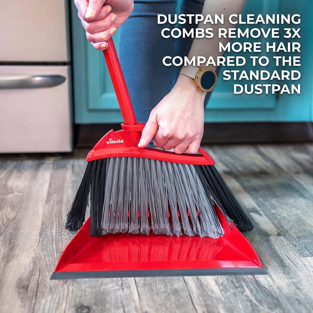 Vileda Pet Pro Broom with Step-On Dustpan and 3-Piece Handle | Remove 99% Dust and Dirt in One Sweep - Available at All In One Marketplace Canada