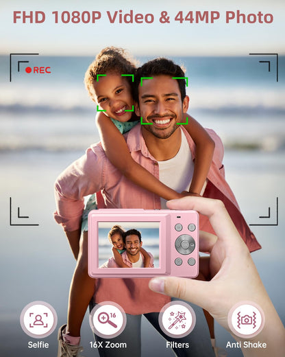 CAMKORY Digital Camera, Full HD 1080P Point and Shoot Camera, 44MP Kids Camera with 32GB Card, 16X Zoom, Pink - Available at All In One Marketplace Canada