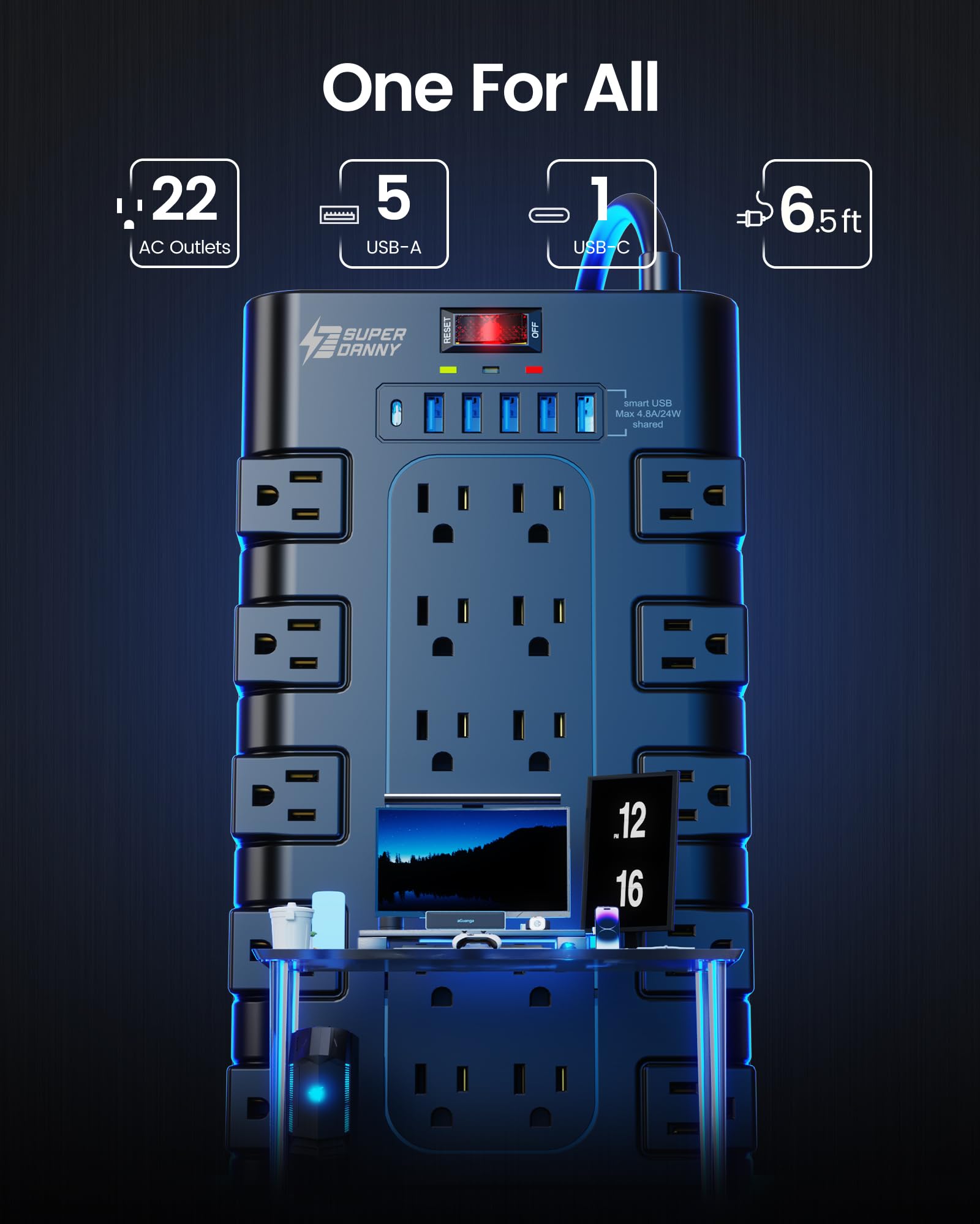 SUPERDANNY Surge Protector Power Bar with 6 USB Charging Ports, Mountable Flat Plug Power Strip, 22 Widely-Spaced Outlets, 2100 Joules, 6.5Ft Heavy Duty Extension Cord for Home, Office, Dorm, Black