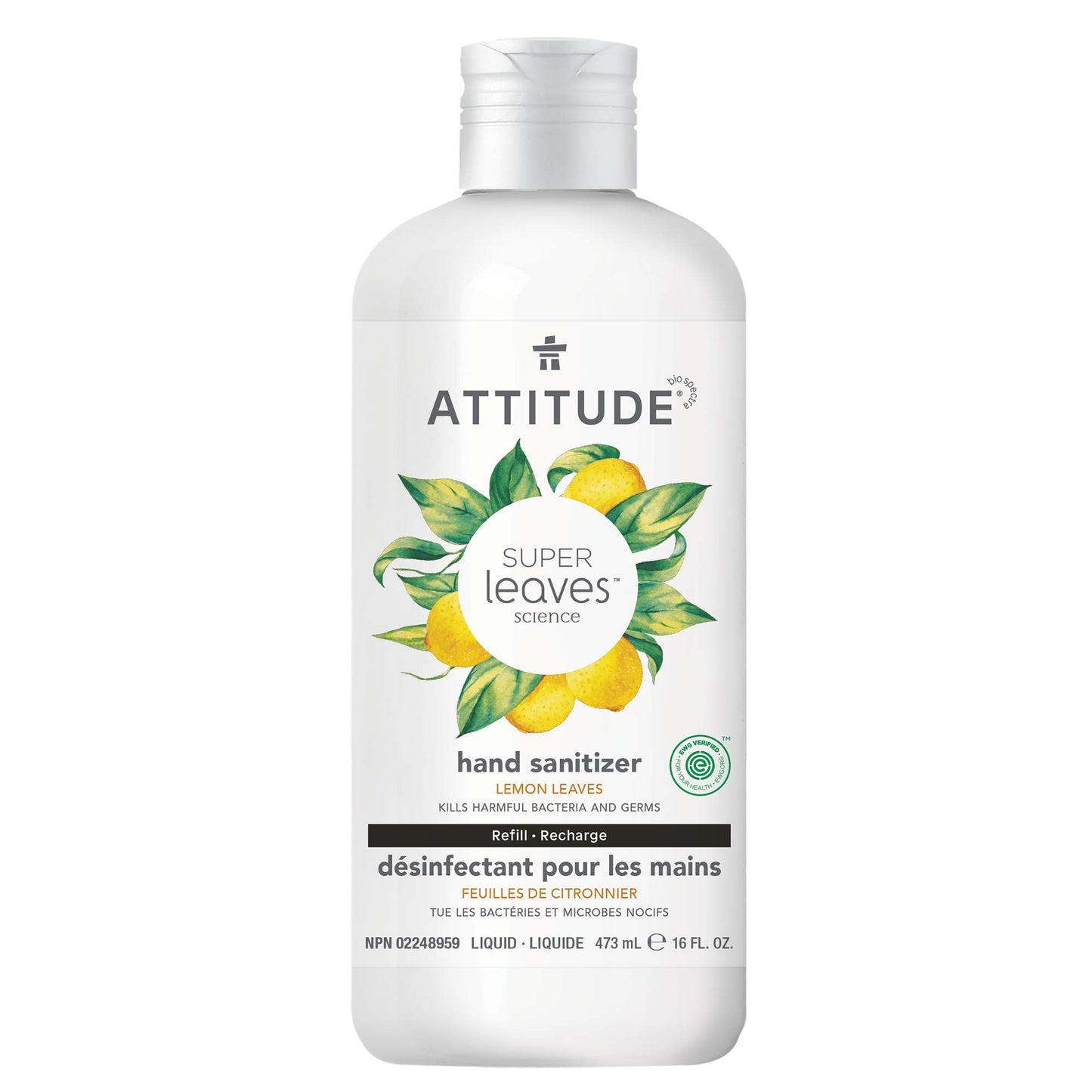 ATTITUDE Hand Sanitizer Refill, EWG Verified, Kills Germs & Bacteria, Vegan & Plant-Based, Safe for Adults & Kids, Lemon Leaves Scent, 473 mL