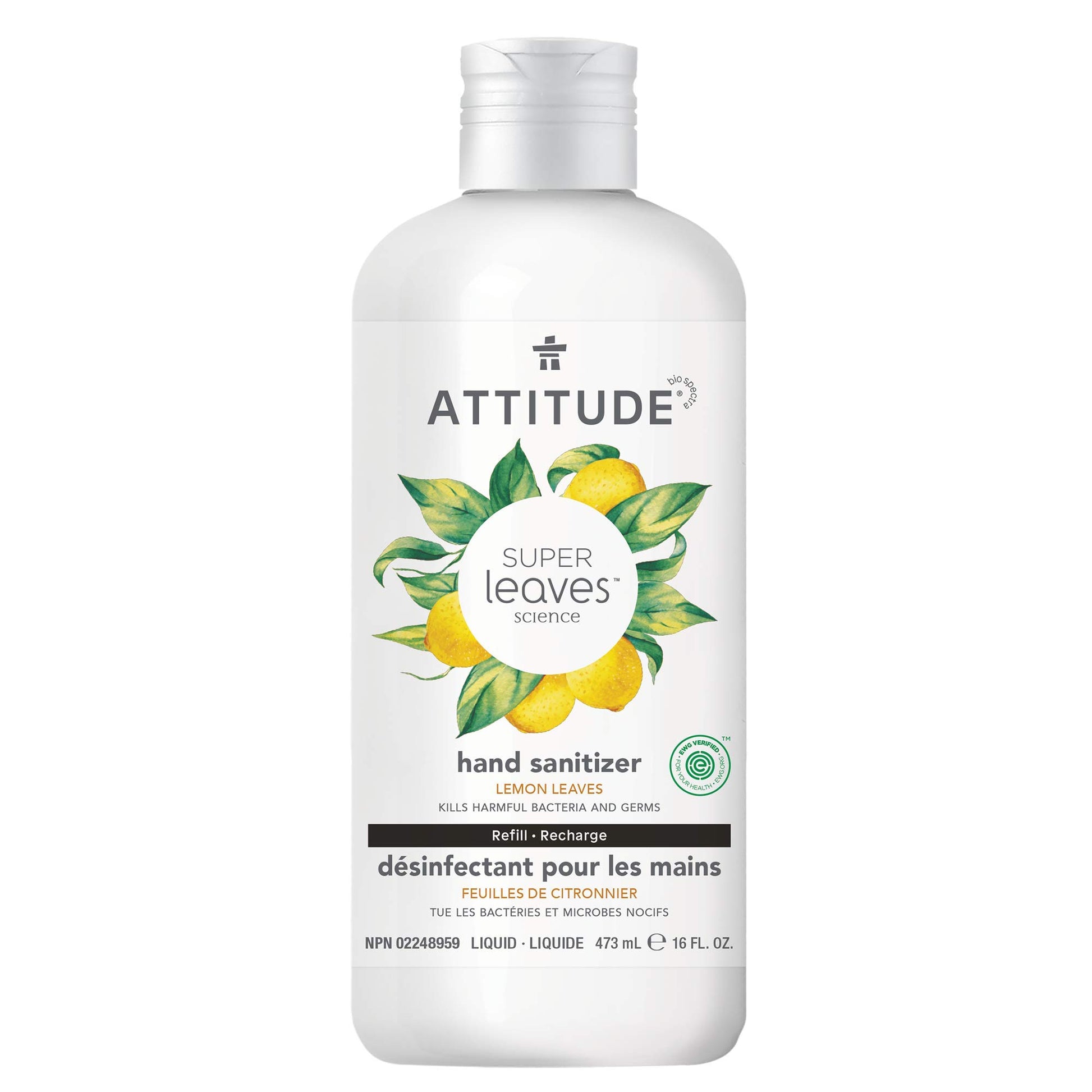 ATTITUDE Hand Sanitizer Refill, EWG Verified, Kills Germs & Bacteria, Vegan & Plant-Based, Safe for Adults & Kids, Lemon Leaves Scent, 473 mL