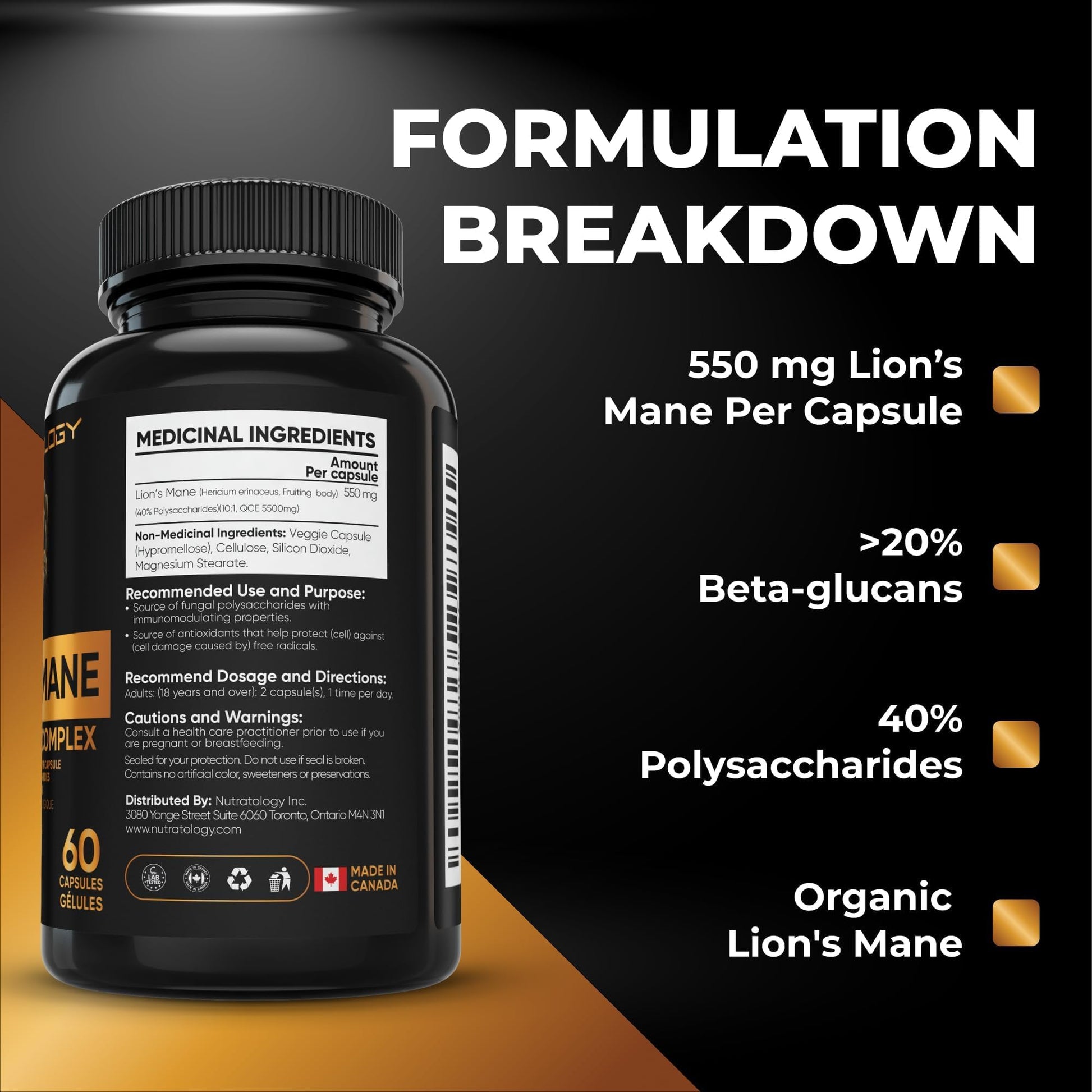 Nutratology® Organic Lion's Mane Mushroom Capasules - Nootropic Functional Mushroom Supplements Made With 40% Polysaccharides & >20% Beta-Glucan | Supports Memory, Cognition & Brain Health - 60 Count - Available at All In One Marketplace Canada