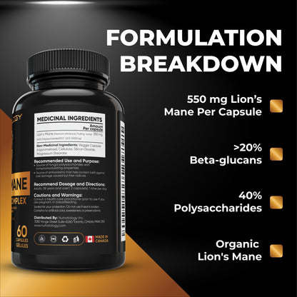 Nutratology® Organic Lion's Mane Mushroom Capasules - Nootropic Functional Mushroom Supplements Made With 40% Polysaccharides & >20% Beta-Glucan | Supports Memory, Cognition & Brain Health - 60 Count - Available at All In One Marketplace Canada