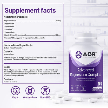 AOR Advanced Magnesium Complex 200mg, 180 Capsules 180-Day Supply - Highly Absorbable Magnesium Glycinate, Aspartate, Malate & Ascorbate - Elemental Chelated Complex for Relaxation and Muscle Comfort - Available at All In One Marketplace Canada