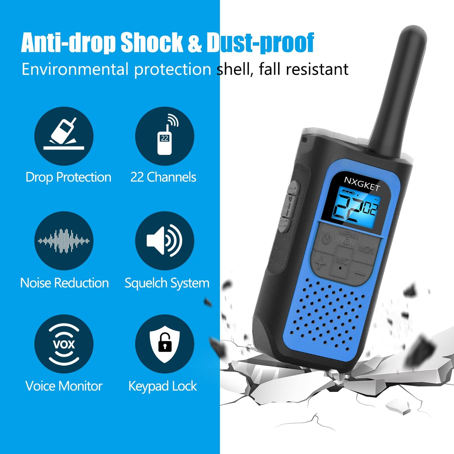 NXGKET Walkie Talkies for Kids Adults, Rechargeable Long Range Walky Talky 2 Way Radios 22 Channels with Li-ion Battery USB-C Cable for Family Toys Gift Camping Hiking 2 Pack