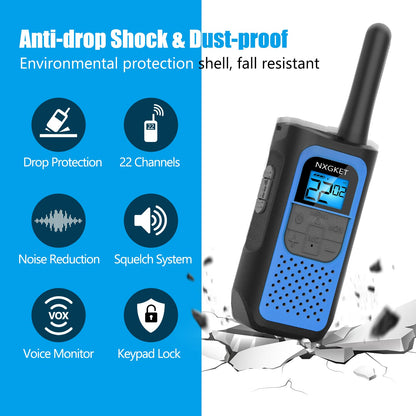 NXGKET Walkie Talkies for Kids Adults, Rechargeable Long Range Walky Talky 2 Way Radios 22 Channels with Li-ion Battery USB-C Cable for Family Toys Gift Camping Hiking 2 Pack