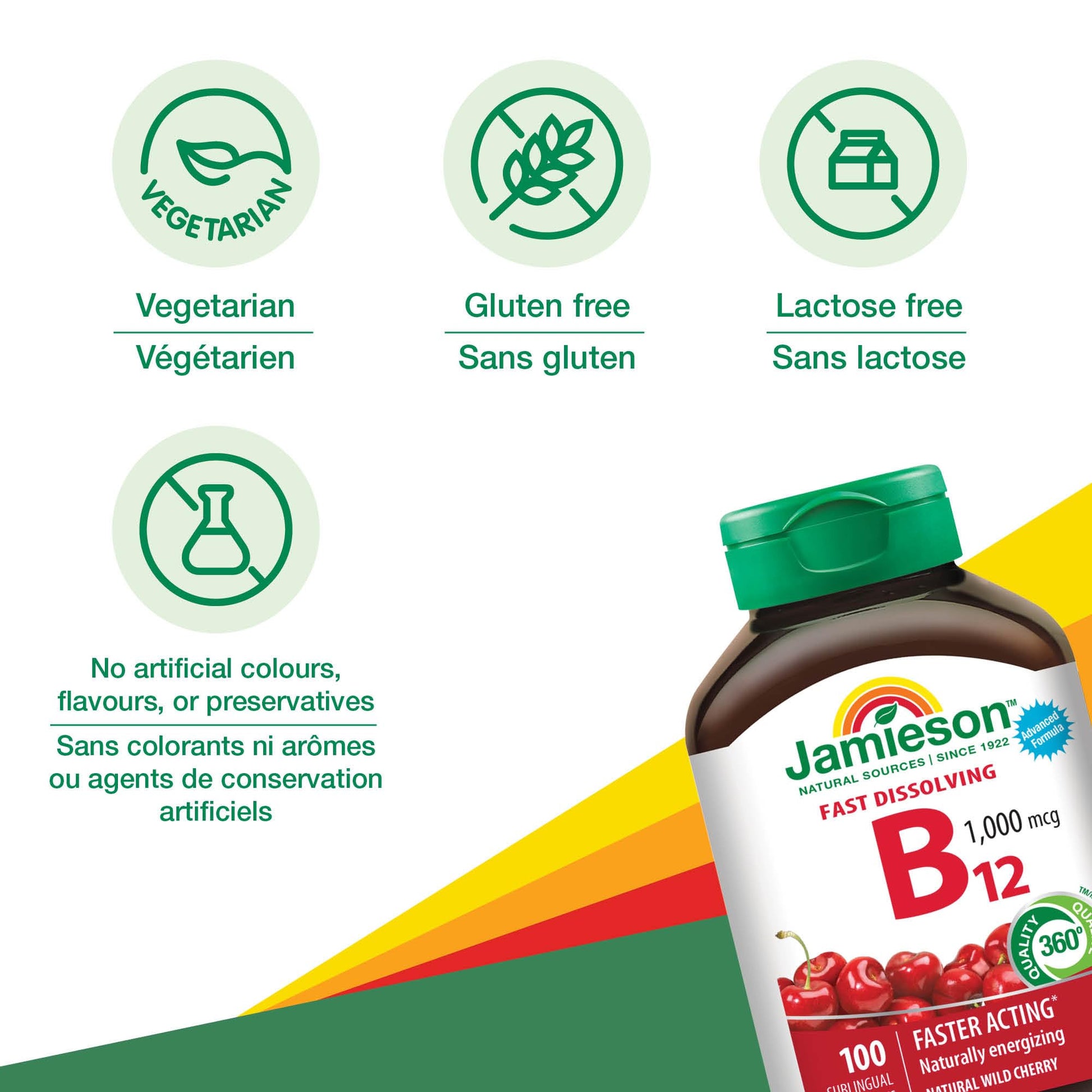 Jamieson Vitamin B12 Methylcobalamin 1,000 mcg, Fast Dissolving, Faster Acting, Naturally Energizing, and Supports Metabolism. Vegetarian, Gluten-Free, Natural Wild Cherry Flavour, 100 Sublingual Tablets, Proudly Canadian