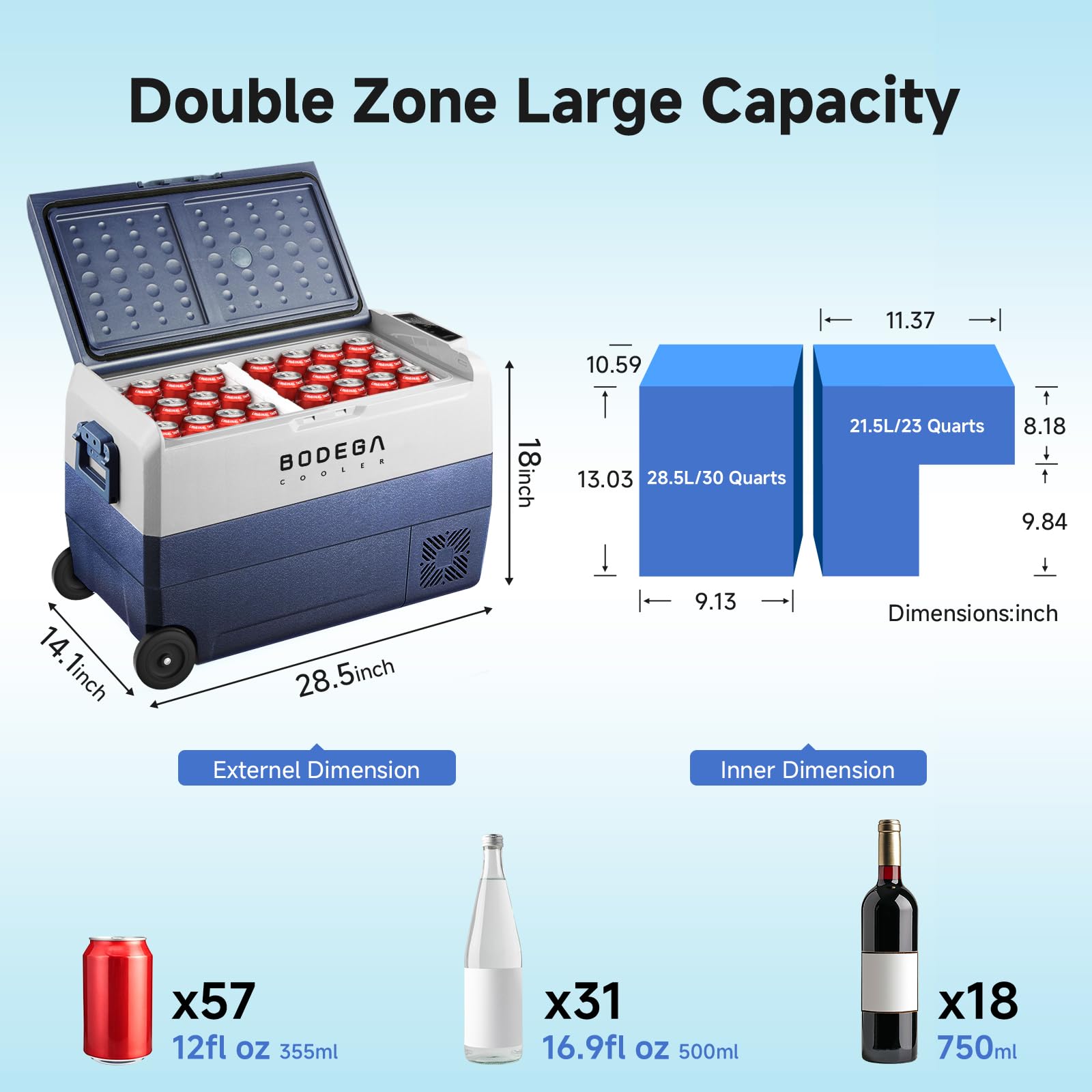 BODEGACOOLER 12 Volt Portable Refrigerator,53 Quart Car Fridge Dual Zone -4℉-68℉,50L Car Freezer APP Control,Electric Compressor Cooler 12/24V DC and 100-240V AC for RV,Camping,Travel,Truck,Vehicles