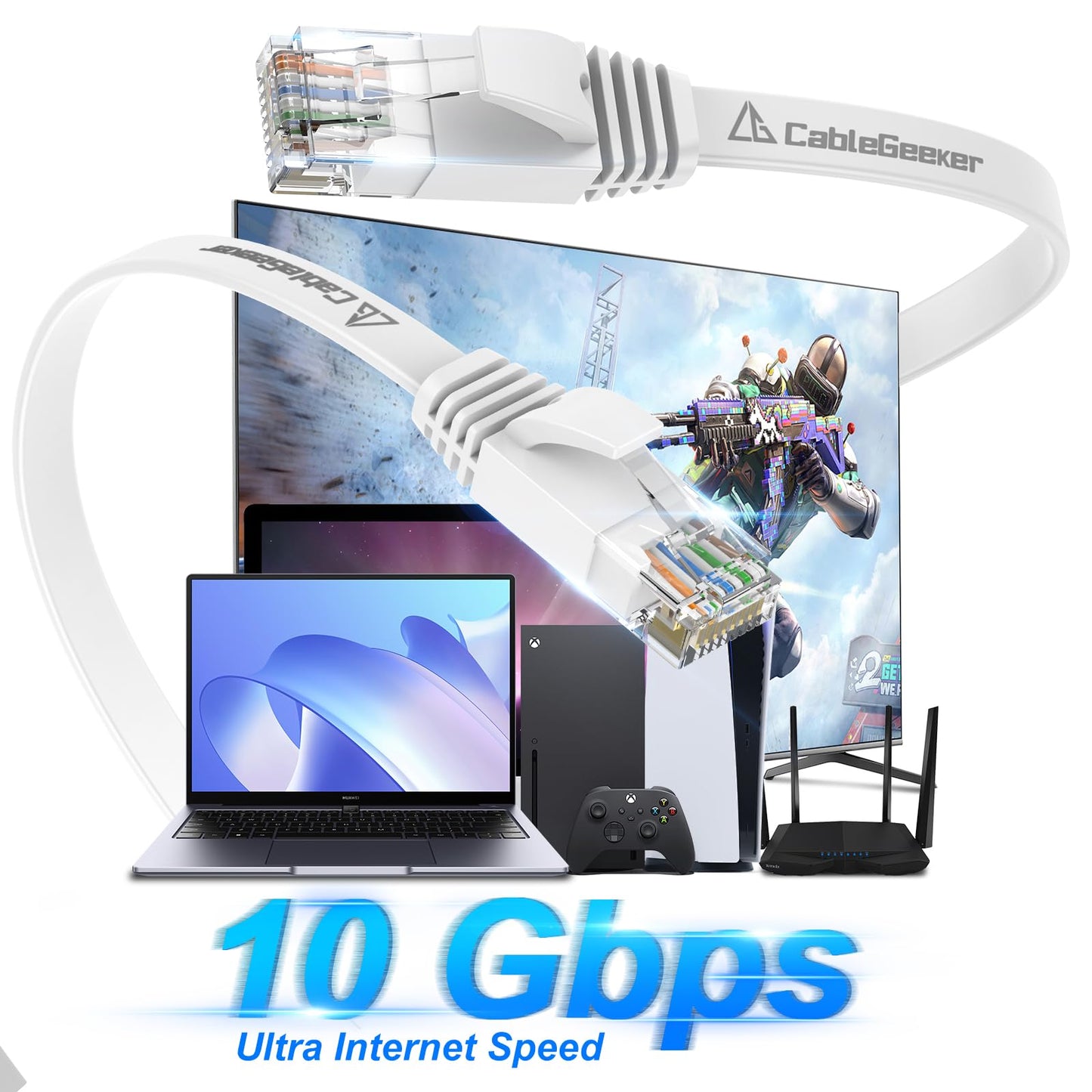 Cat 6 Ethernet Cable 100ft - High Speed 10Gbps, Indoor&Outdoor, Slim Flat Design, Supports Cat7 Network - for Router, Modem, PS4/5, Xbox - White, Weatherproof, Includes 35 Clips & 4 Straps - Available at All In One Marketplace Canada