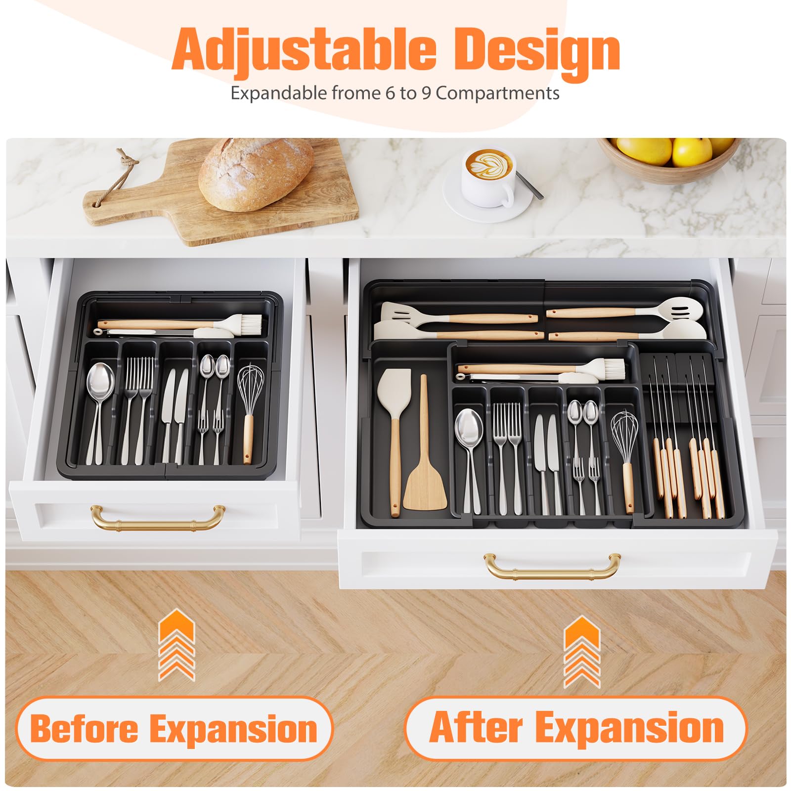 Ceecysaa Cutlery Organizer with 2 Removable Knife Blocks, Expandable Utensil Tray,Adjustable Cutlery Tray Drawer Organizer for Spoons, Knives, Kitchen Organizers and Storage,ABS,Black(6-9 Slots) - Available at All In One Marketplace Canada