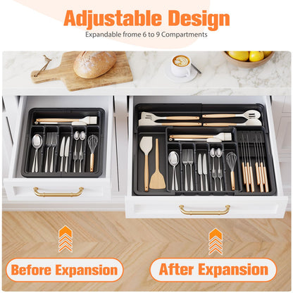Ceecysaa Cutlery Organizer with 2 Removable Knife Blocks, Expandable Utensil Tray,Adjustable Cutlery Tray Drawer Organizer for Spoons, Knives, Kitchen Organizers and Storage,ABS,Black(6-9 Slots) - Available at All In One Marketplace Canada