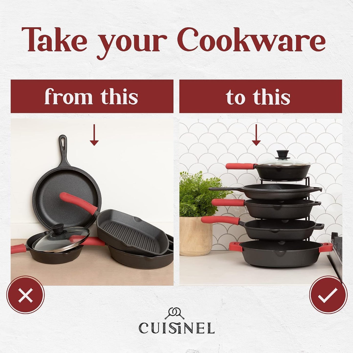 Heavy Duty Pan Organizer, 5 Tier Rack - Holds up to 50 LB - For Cast Iron Skillets, Griddles, Pots - Durable Steel Construction - Space Saving Kitchen Storage - No Assembly Required - Black 12.2-Inch Cuisinel