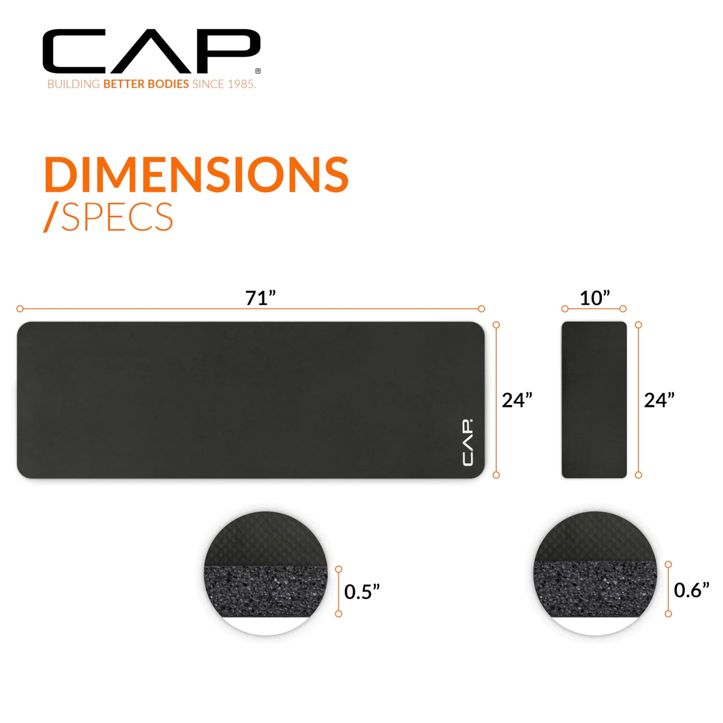 CAP Barbell Yoga Mat 1/2" Thick with Carrying Strap & Knee Pad - High Density Exercise Mat for Yoga, Pilates, Stretching, Floor & Fitness Workouts - 71''x24''x1/2" | Black