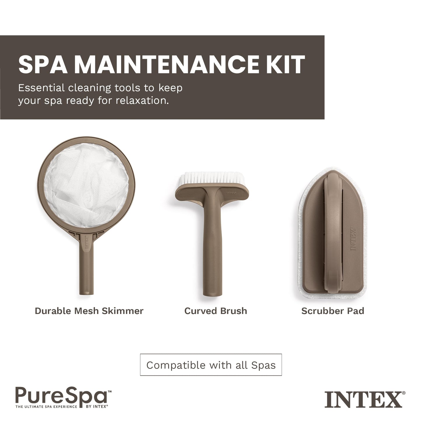 Intex PureSpa Hot Tub and Spa Maintenance Accessory Kit with Curved Brush, Mesh Net Skimmer, and Scrubber for Inflatable PureSpa Home Hot Tubs Intex