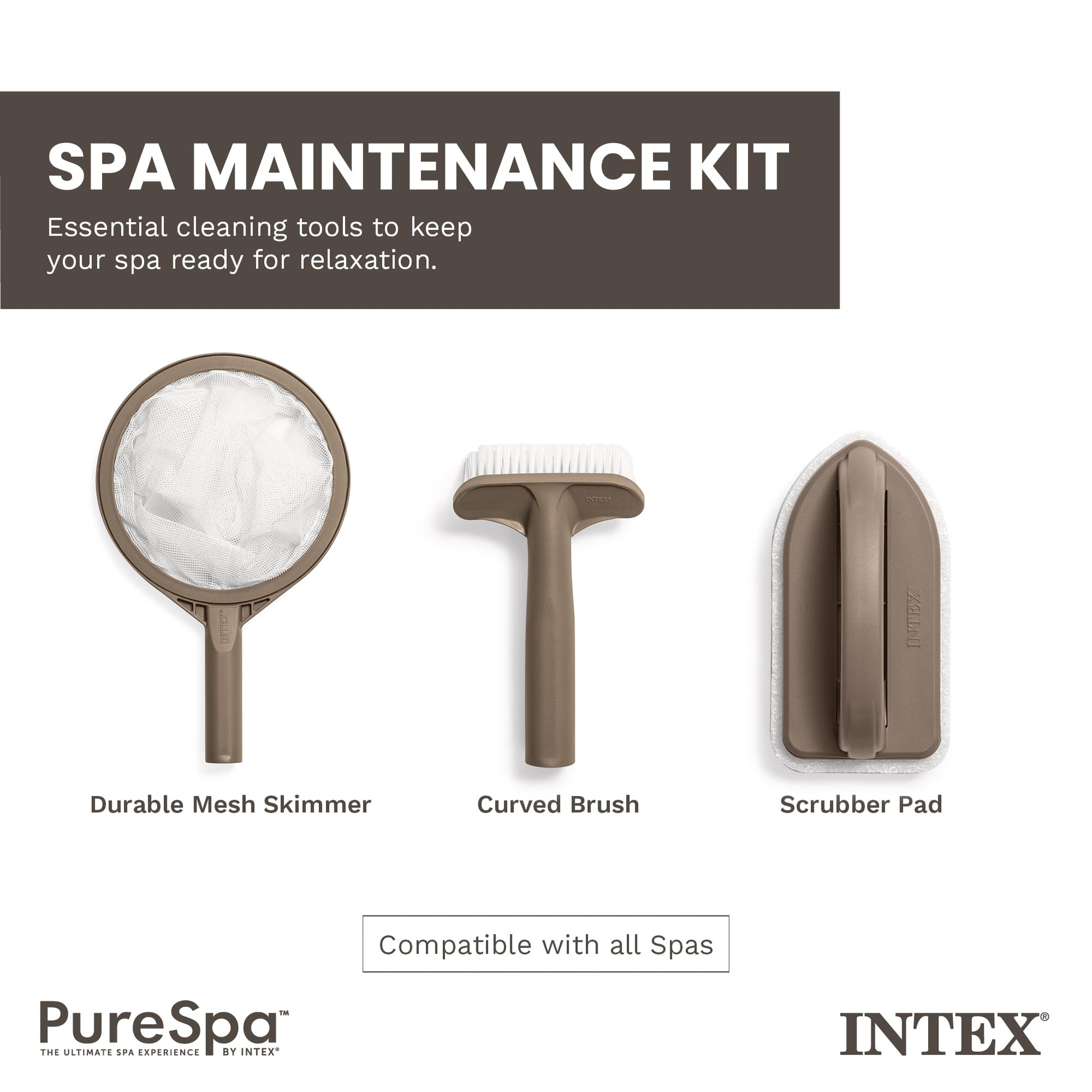 Intex PureSpa Hot Tub and Spa Maintenance Accessory Kit with Curved Brush, Mesh Net Skimmer, and Scrubber for Inflatable PureSpa Home Hot Tubs Intex