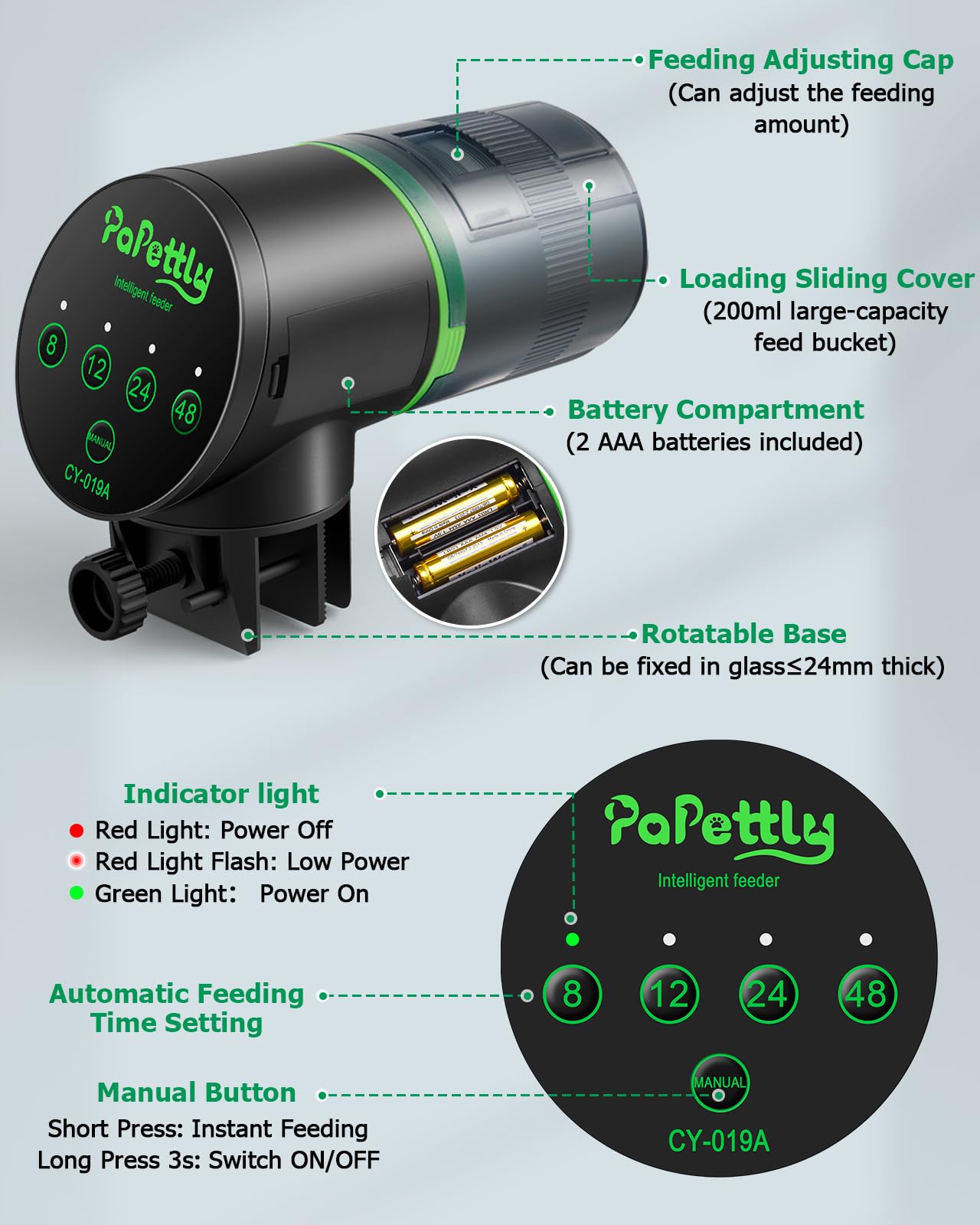 Papettly Automatic Fish Feeder for Aquarium - Battery Operated Auto Fish Food Dispenser for Fish Tank, 200ml Auto Timer Aquarium Tank Turtle Feeder, with 2 AAA Batteries and Fish Feeder Ring