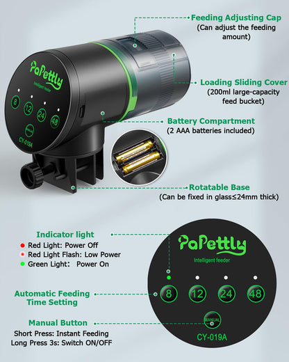 Papettly Automatic Fish Feeder for Aquarium - Battery Operated Auto Fish Food Dispenser for Fish Tank, 200ml Auto Timer Aquarium Tank Turtle Feeder, with 2 AAA Batteries and Fish Feeder Ring