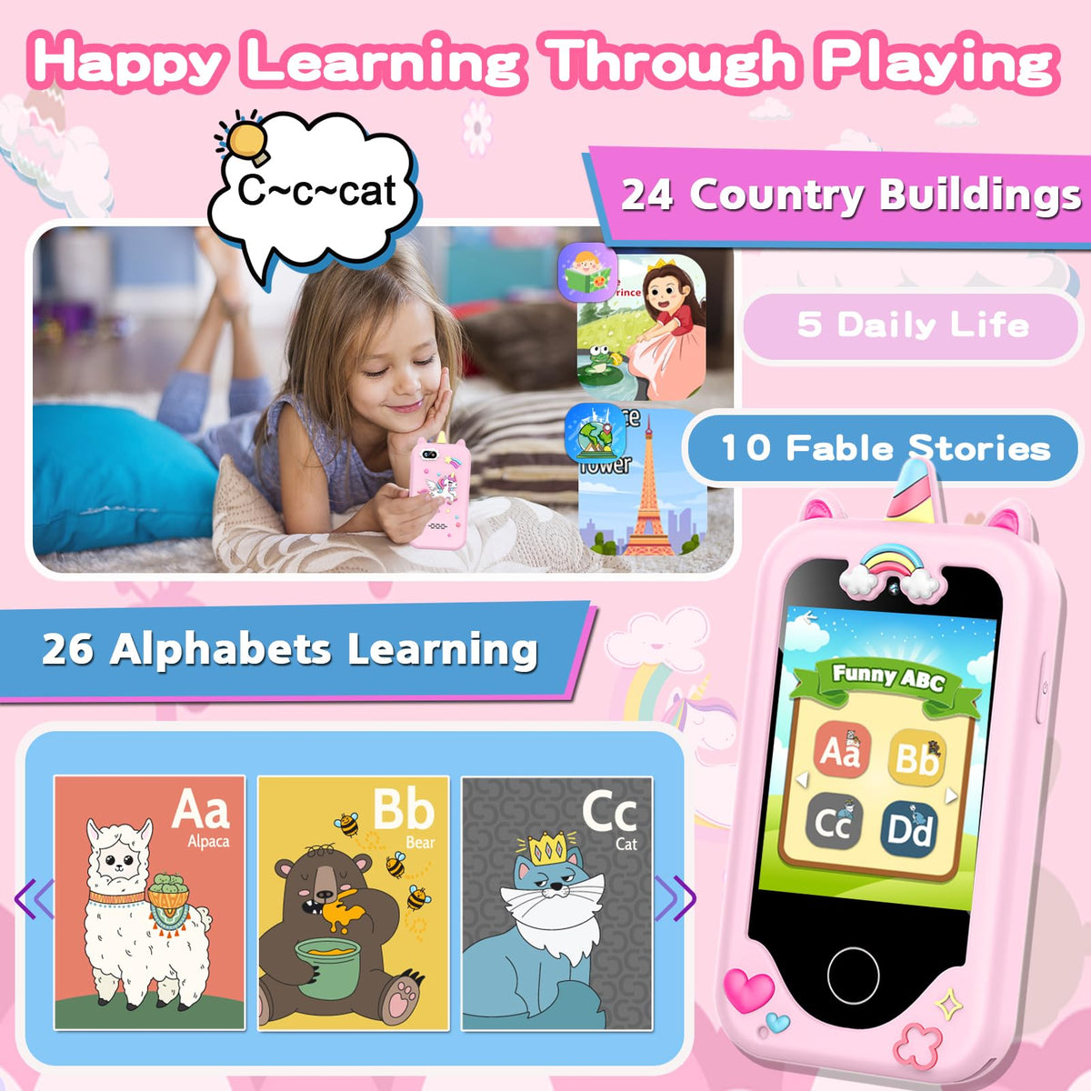 Kids Smart Phone for Girls Toys, Gifts for 3-10 Year Old Girls Boys Pink 🍁 All In One Marketplace Canada