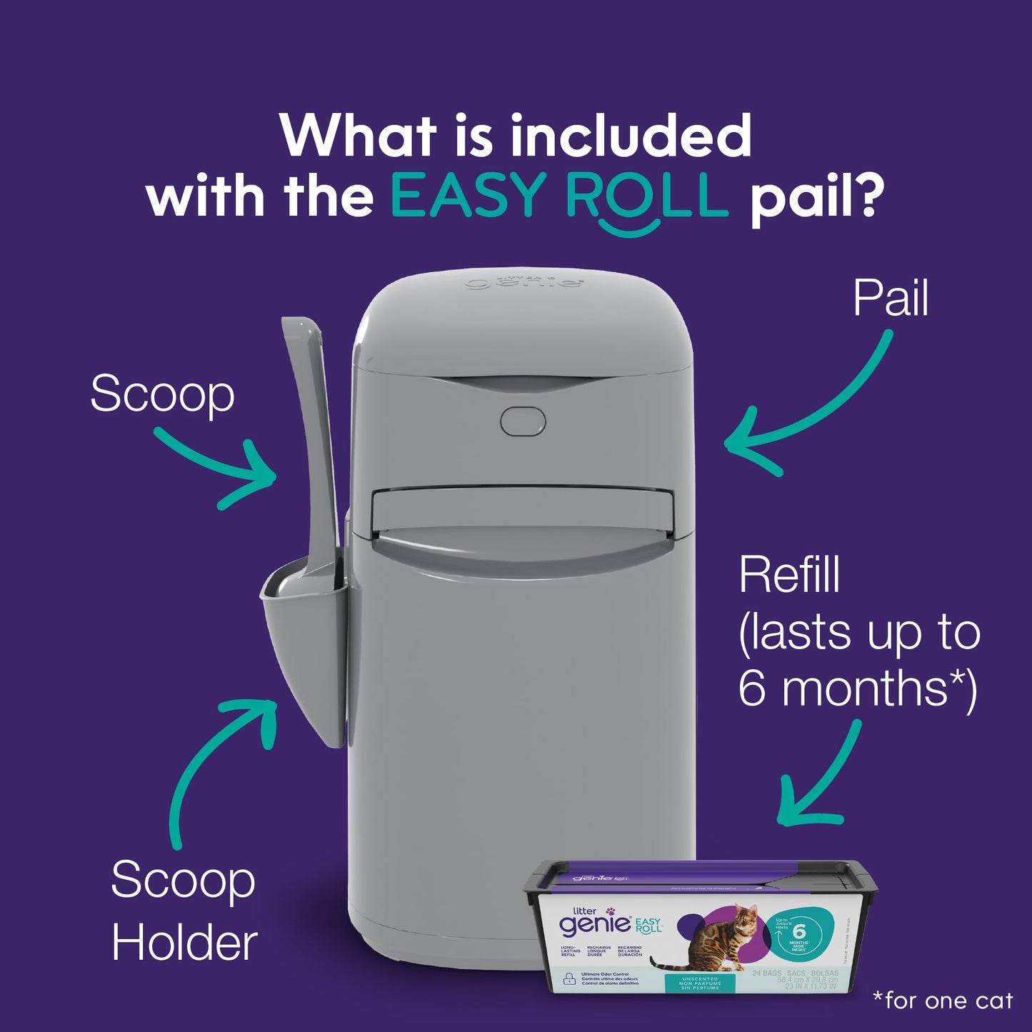 Litter Genie Easy Roll Pail with Easy Roll Refill, 24 Bags Litter Genie