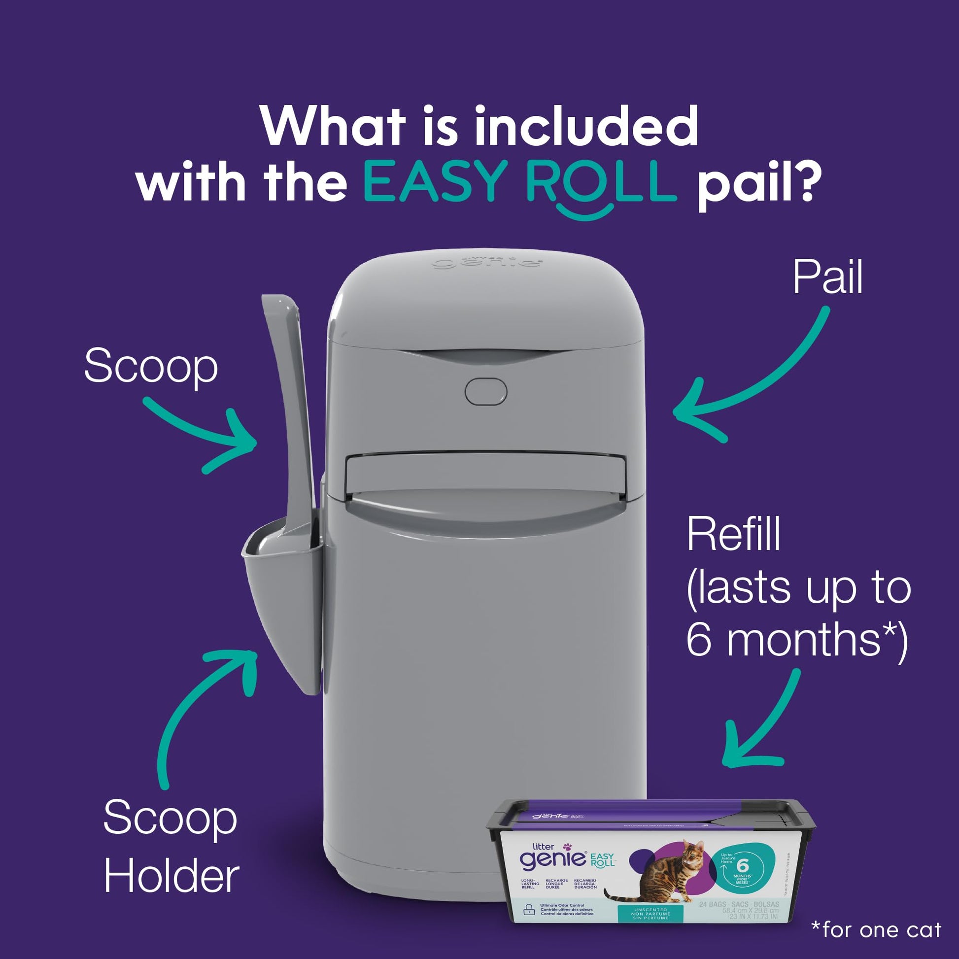 Litter Genie Easy Roll Pail with Easy Roll Refill, 24 Bags Litter Genie