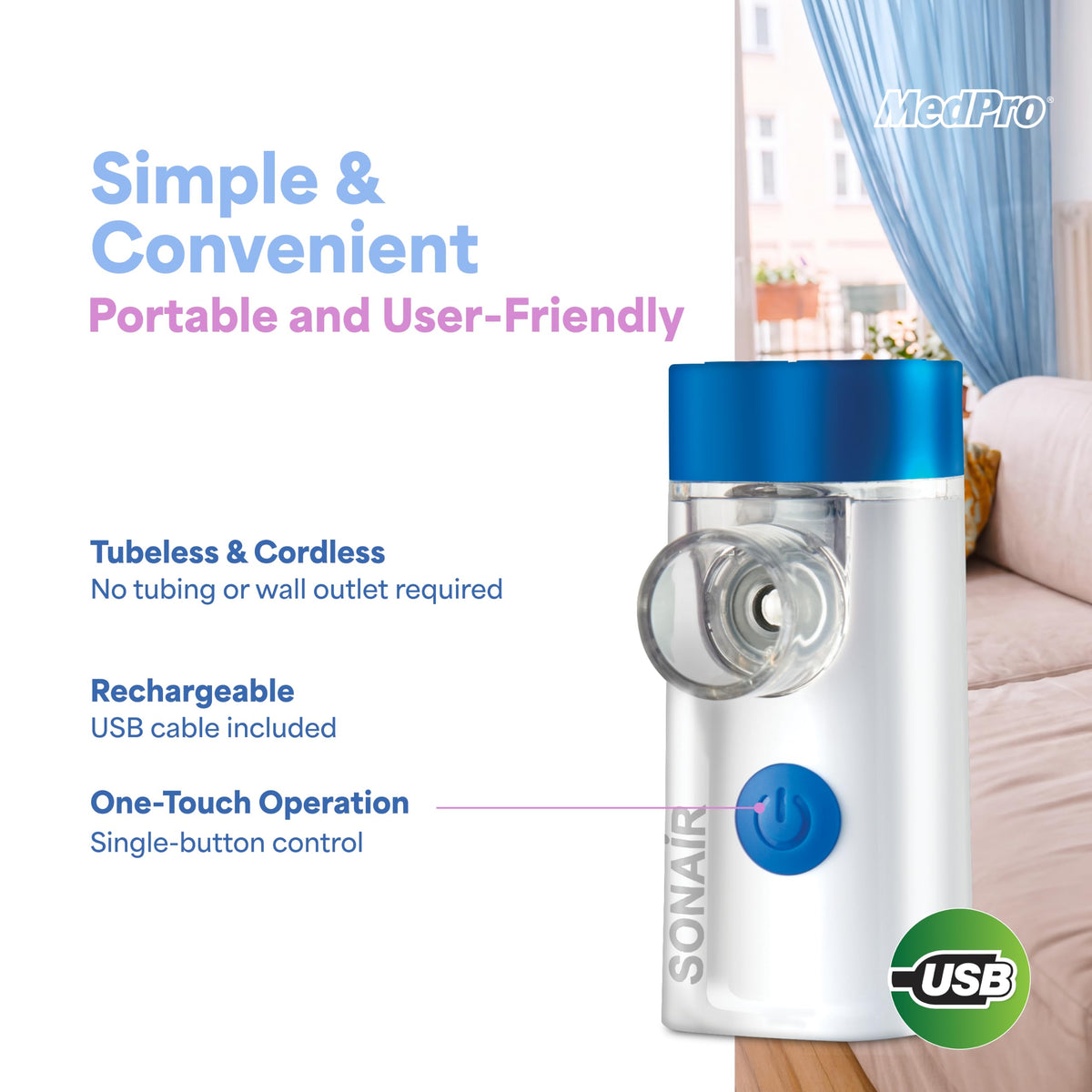 MedPro Sonair Portable Mesh Nebulizer for Adults & Kids, Rechargeable