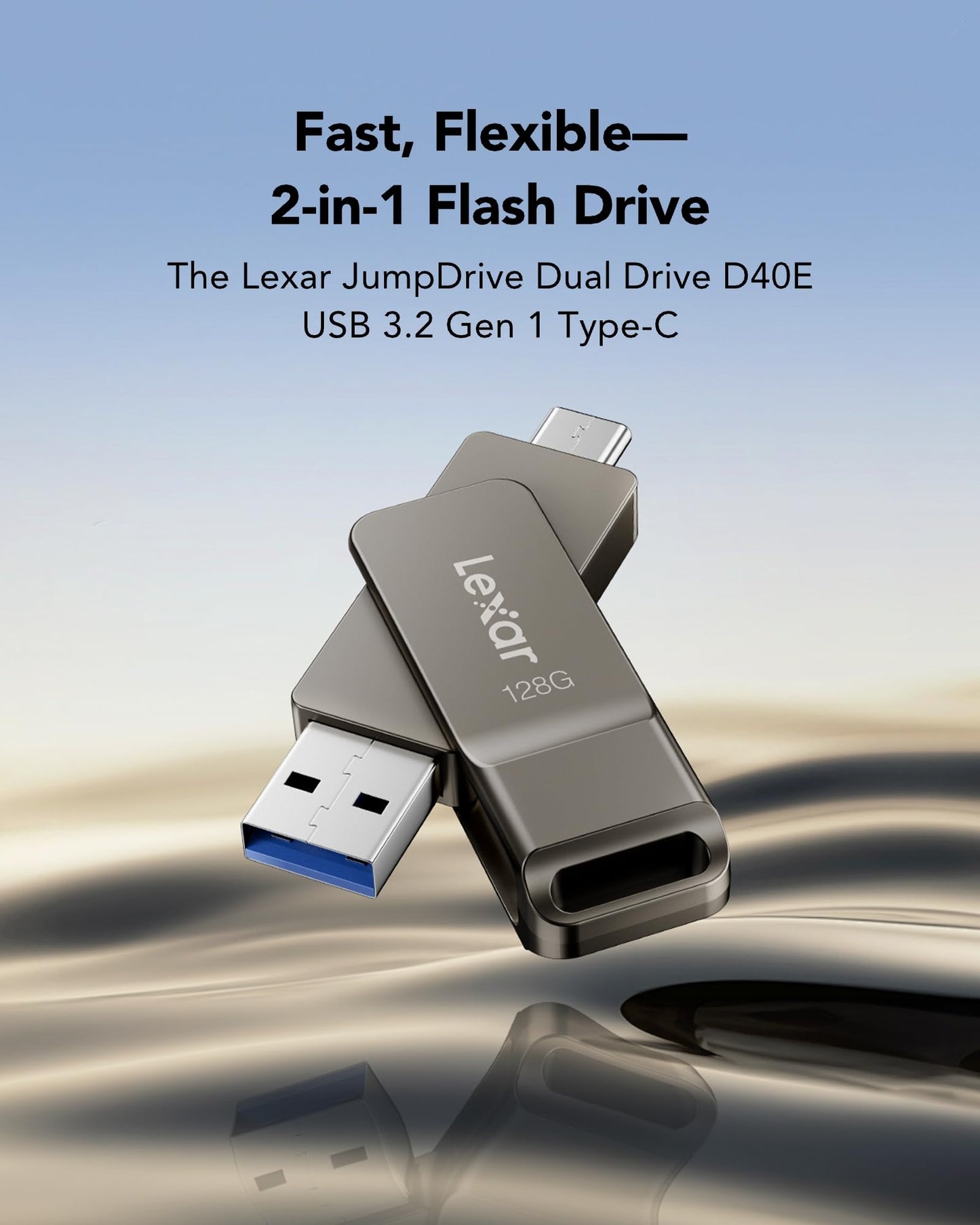 Lexar D40E 128GB Dual USB 3.2 Gen 1 Type-C Jump Drive, USB-C Flash Metal Housing Swivel Design Thumb Drive (Titanium Grey)