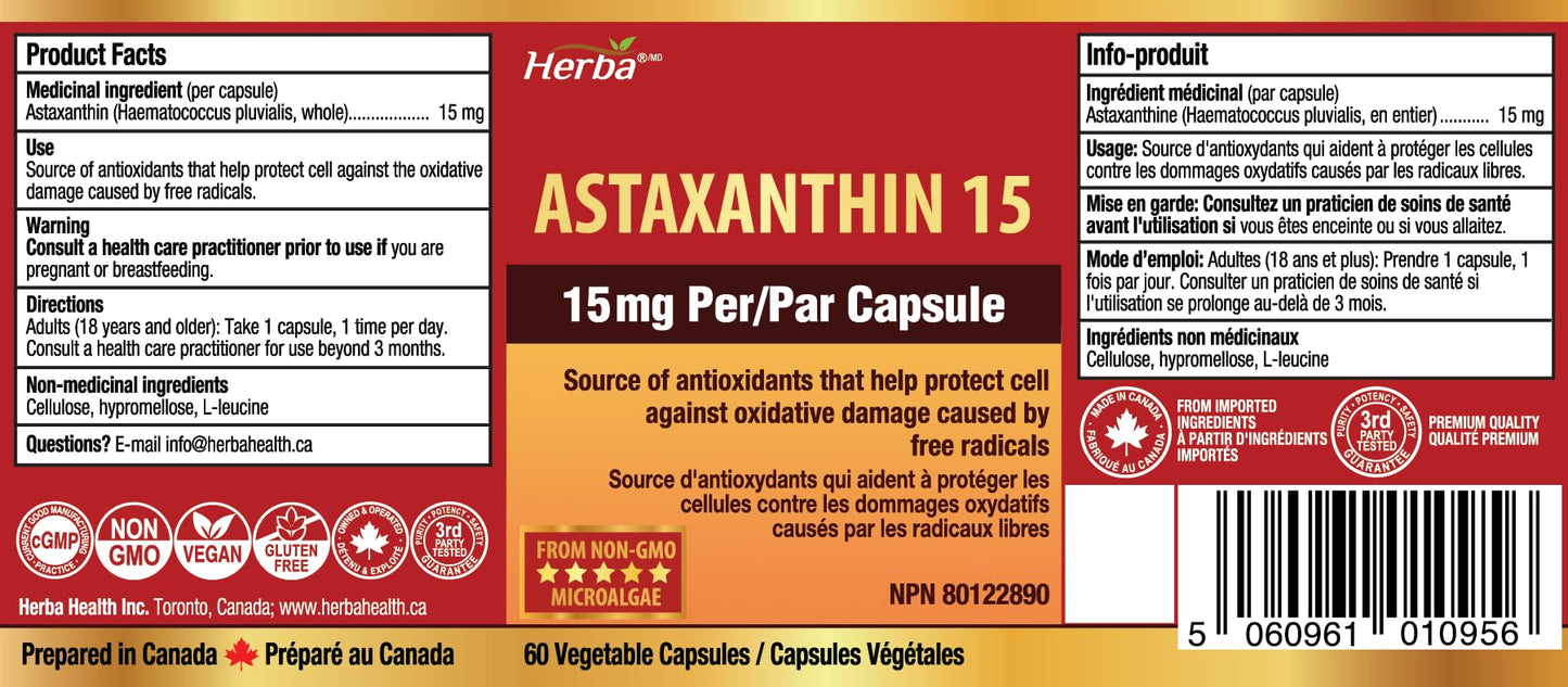 Herba Astaxanthin Supplement 15mg – 60 Vegan Capsules | Made with Non-GMO Micro-algae | Source of Antioxidant | Made and Third Party Tested in Canada - Available at All In One Marketplace Canada