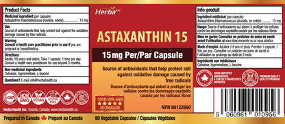 Herba Astaxanthin Supplement 15mg – 60 Vegan Capsules | Made with Non-GMO Micro-algae | Source of Antioxidant | Made and Third Party Tested in Canada - Available at All In One Marketplace Canada