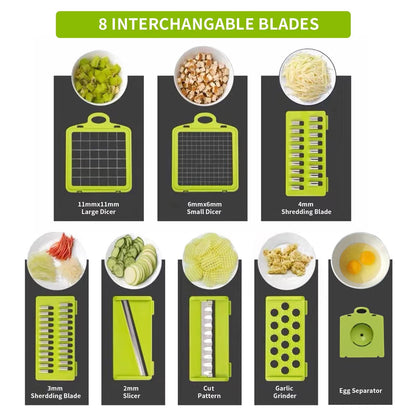 Vegetable Chopper Cutter Slicer Multifunctional 13-in-1 Food Veggie Onion Potato Fruit Chopper Cutter Dicer with Container, 8 Interchangable Blades, Hand Protector, Drain Strainer, Cleaning Brush - Available at All In One Marketplace Canada