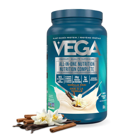 Vega Premium All-in-One Nutrition Protein Powder – 20g Plant-Based Vegan Protein, Vitamins & Probiotics, Vanilla Chai, 874g (18 Servings) 🍁 All In One Marketplace Canada