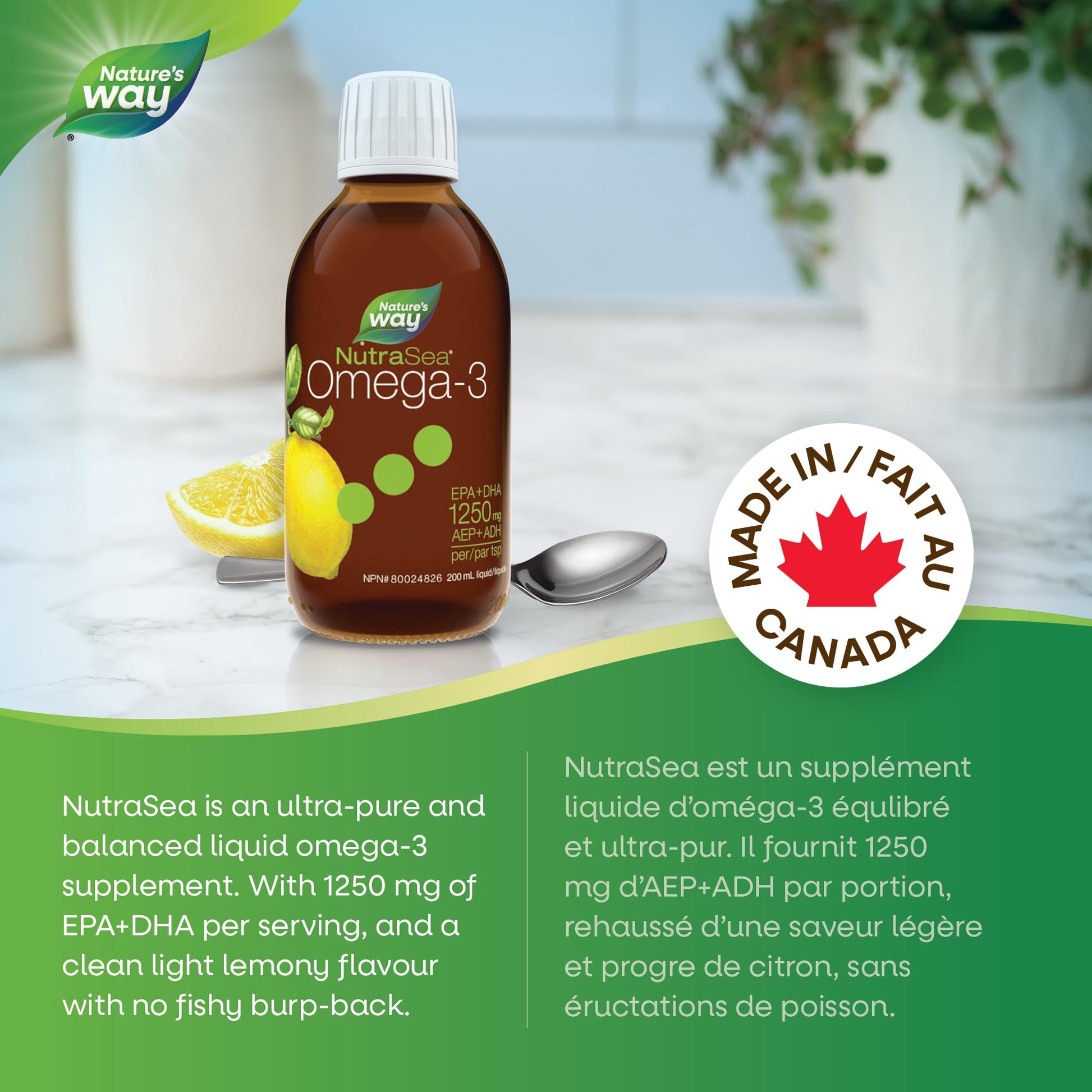 Nature's Way NutraSea Omega 3 Fish Oil Liquid Supplement – Zesty Lemon Flavour, Non-GMO – Heart & Brain Support for Adults and Kids Ages 1+ – 1250mg EPA & DHA, 200 mL