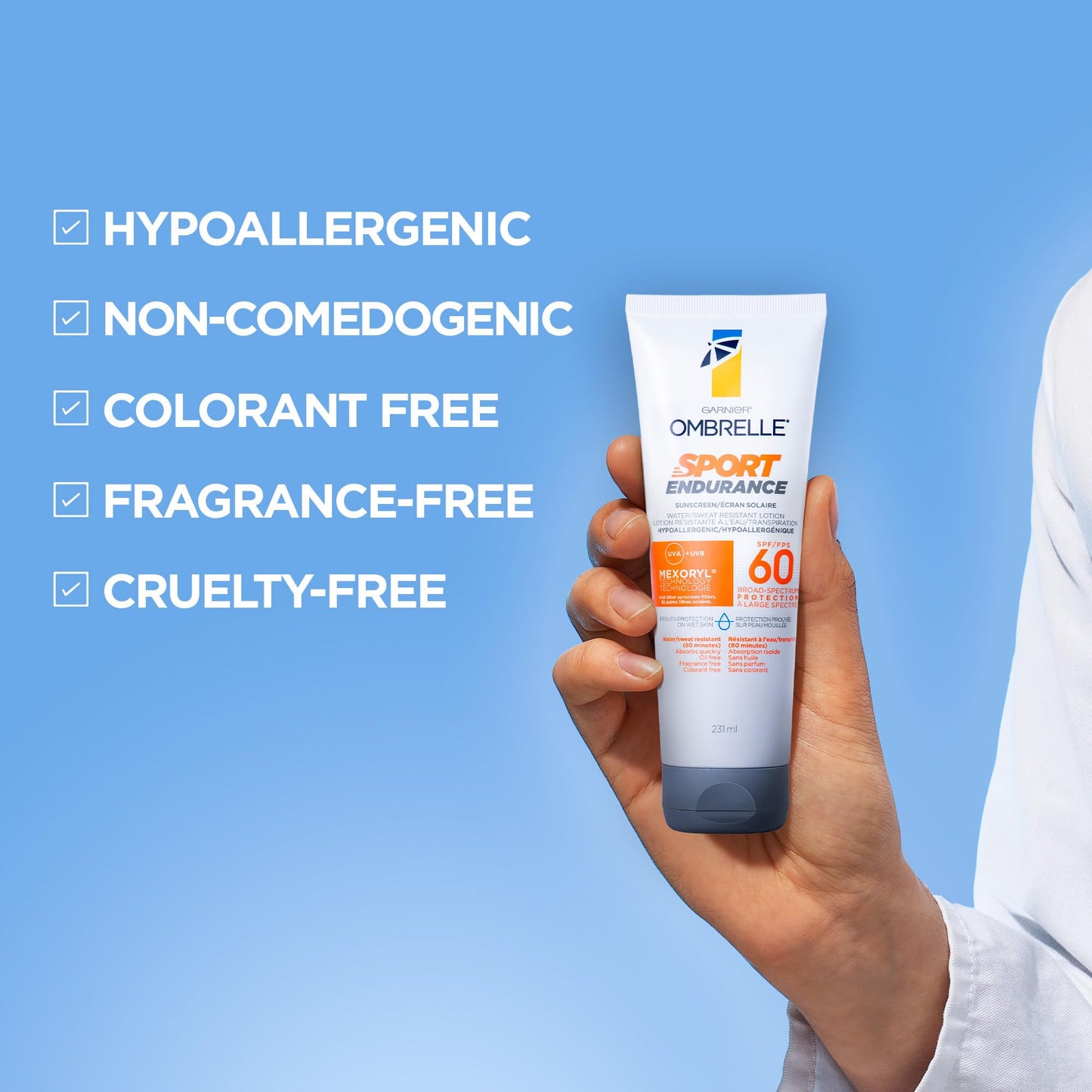 Garnier Ombrelle Sport Endurance Sunscreen Lotion, SPF 60, Body Sunscreen, Broad Spectrum UVA & UVB Sun Protection, Suitable for Sensitive Skin, Water and Sweat Resistant, Non-Greasy, 231ml