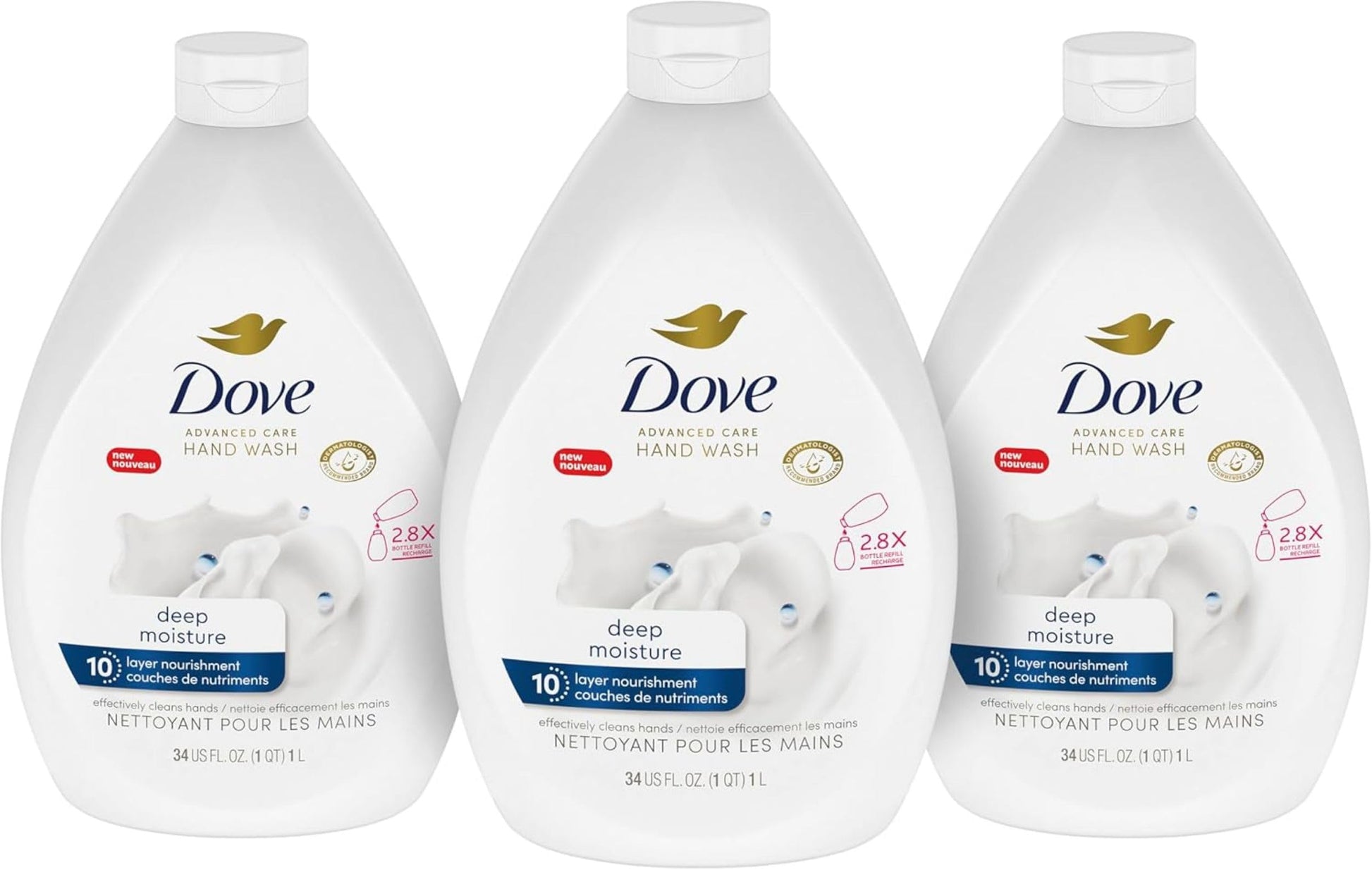Dove Advanced Care Deep Moisture Hand Wash for soft, smooth skin Bottle Refill nourishes skin 10 layers deep 1 L (Pack Of 3) Dove