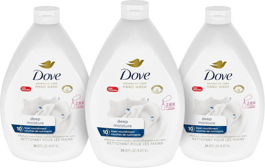 Dove Advanced Care Deep Moisture Hand Wash for soft, smooth skin Bottle Refill nourishes skin 10 layers deep 1 L (Pack Of 3) Dove