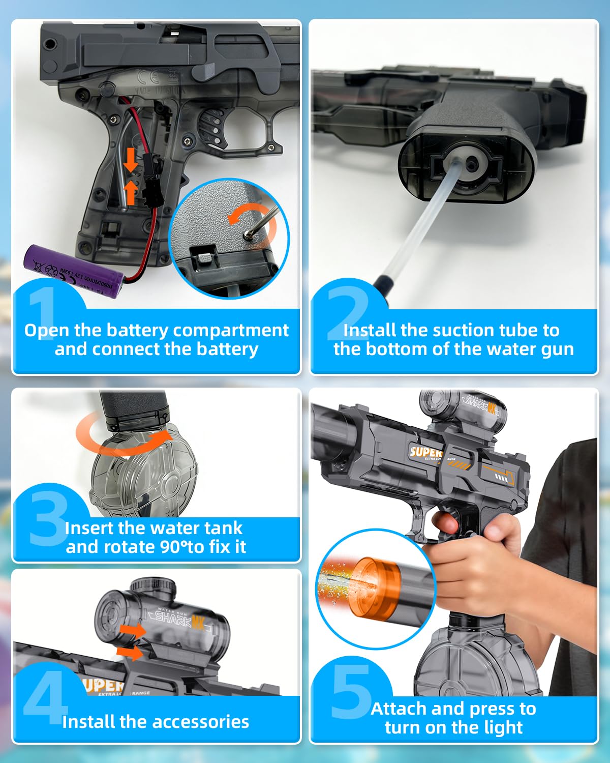 2PCS Electric Water Gun for Kids Adults,Auto Squirt Gun with Flashing Muzzle,26FT Range,Leak-Proof Rechargeable Water Blaster for Summer Pool Beach Water Fights