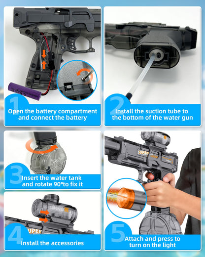 2PCS Electric Water Gun for Kids Adults,Auto Squirt Gun with Flashing Muzzle,26FT Range,Leak-Proof Rechargeable Water Blaster for Summer Pool Beach Water Fights