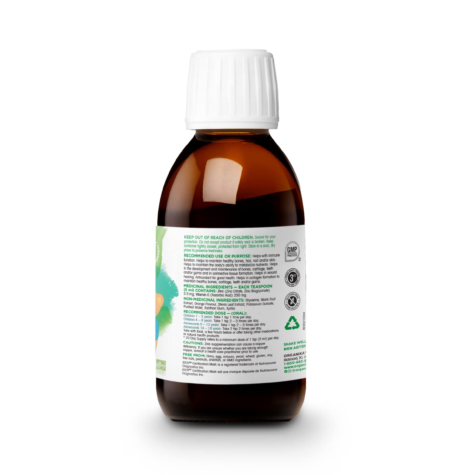Organika Canadian-Made Kids Liquid Zinc with Vitamin C- Sweet Orange Flavour- Immune Function Support 100ml - Available at All In One Marketplace Canada