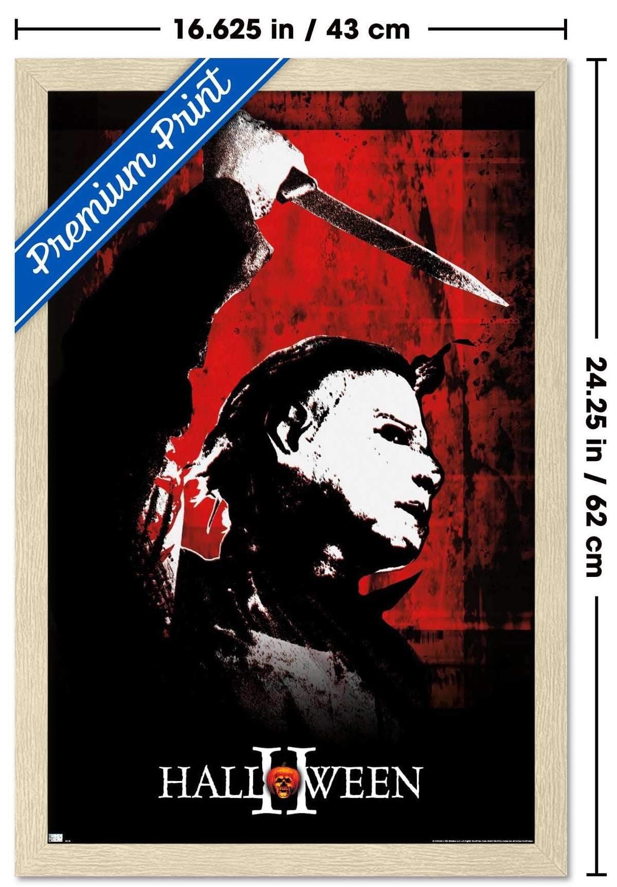 Halloween II - Affiche Murale Rouge, 56,9 cm L x 37,3 cm l, Version avec Cadre Blond