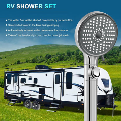 RV Shower Head with Hose, High Pressure 5 Mode Shower Head Replacement, Shower Head for RV/Campers, Travel Trailer, Motorhome for Water Saving, Handheld Shower Head Holder and Hose, On Off Switch