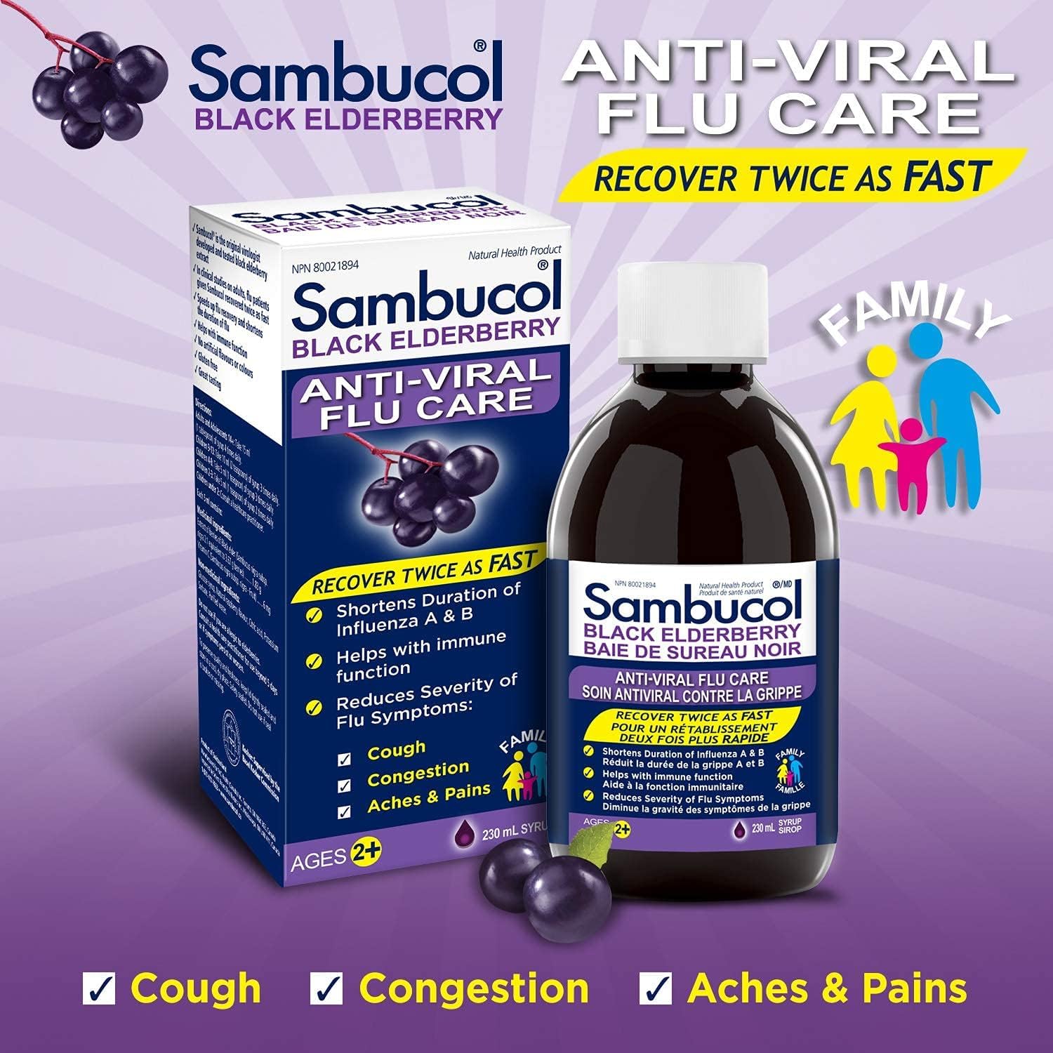 Sambucol Black Elderberry Anti-Viral Flu Care | Quickly Relieves Cold & Flu Symptoms | Immune Support & Antioxidant | Ideal for Families | Syrup, 230 mL | Pack of 2 Sambucol