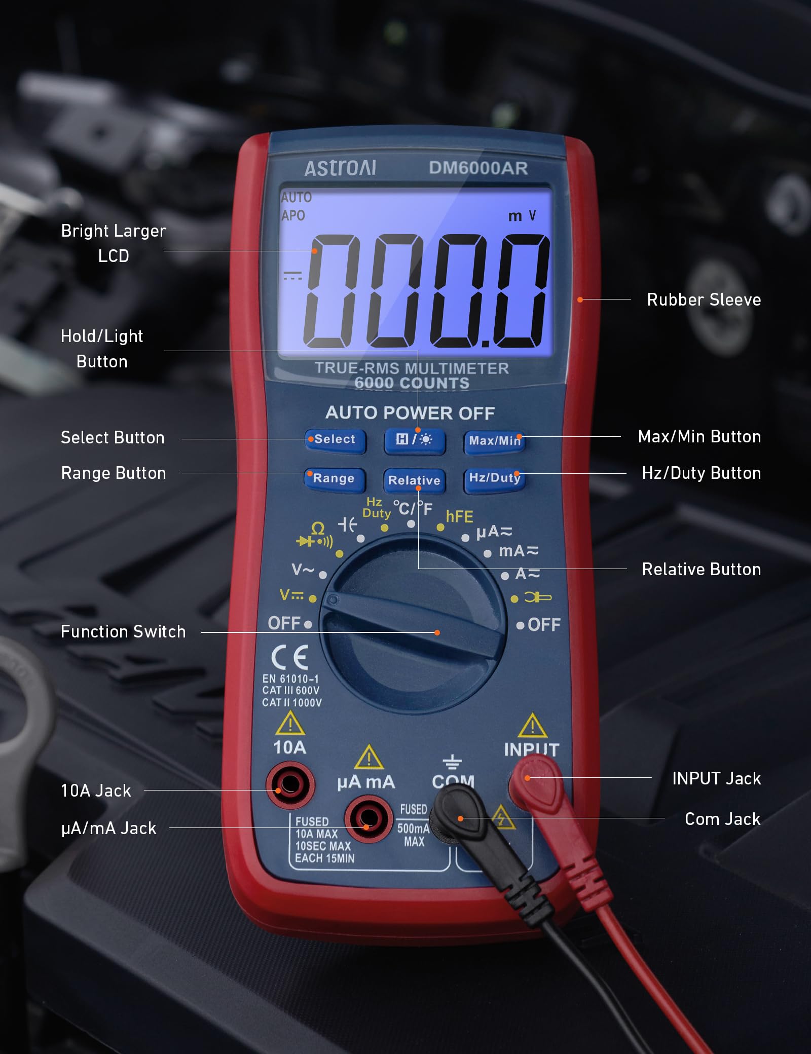 AstroAI Digital Multimeter 6000, Multi Meter - Measures Voltage, Current, Resistance, Continuity, Capacitance, Diode, Temperature – Voltmeter with Backlit LCD, Data Hold, Safety Rated CAT III, Blue