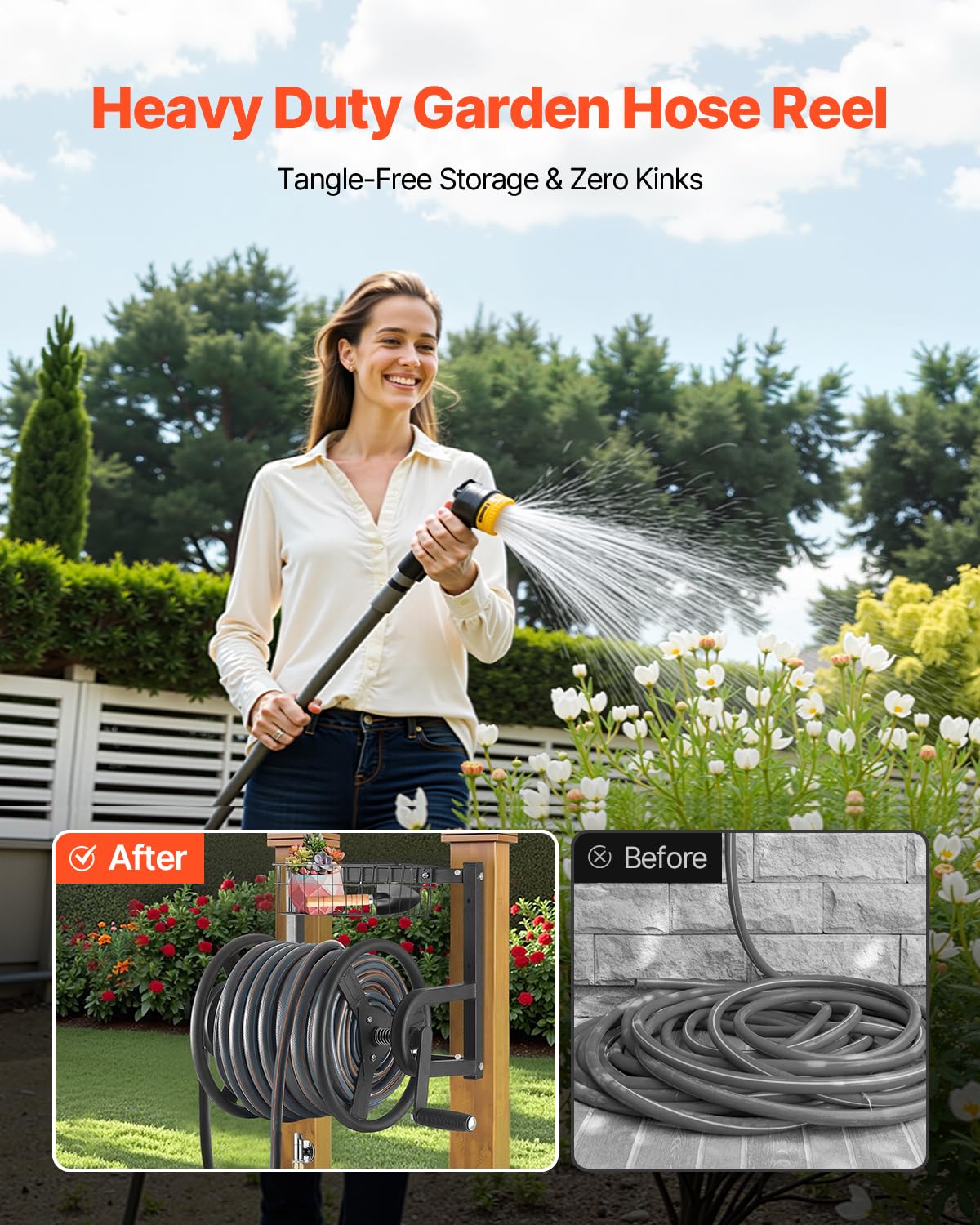 VEVOR Wall Mounted Garden Hose Reel, Holds 125 ft 5/8-inch Hose, Heavy-Duty Water Hose Winder, Space-Saving Design, Outdoor Manual Reel with Brass Fitting and Storage Basket for Yard Lawn VEVOR