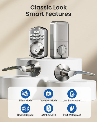 Veise Keyless Entry Door Lock with 2 Lever Handles - Electronic Keypad Deadbolt, Easy Installation Digital Smart Front Door Lock Set, Satin Nickel Veise