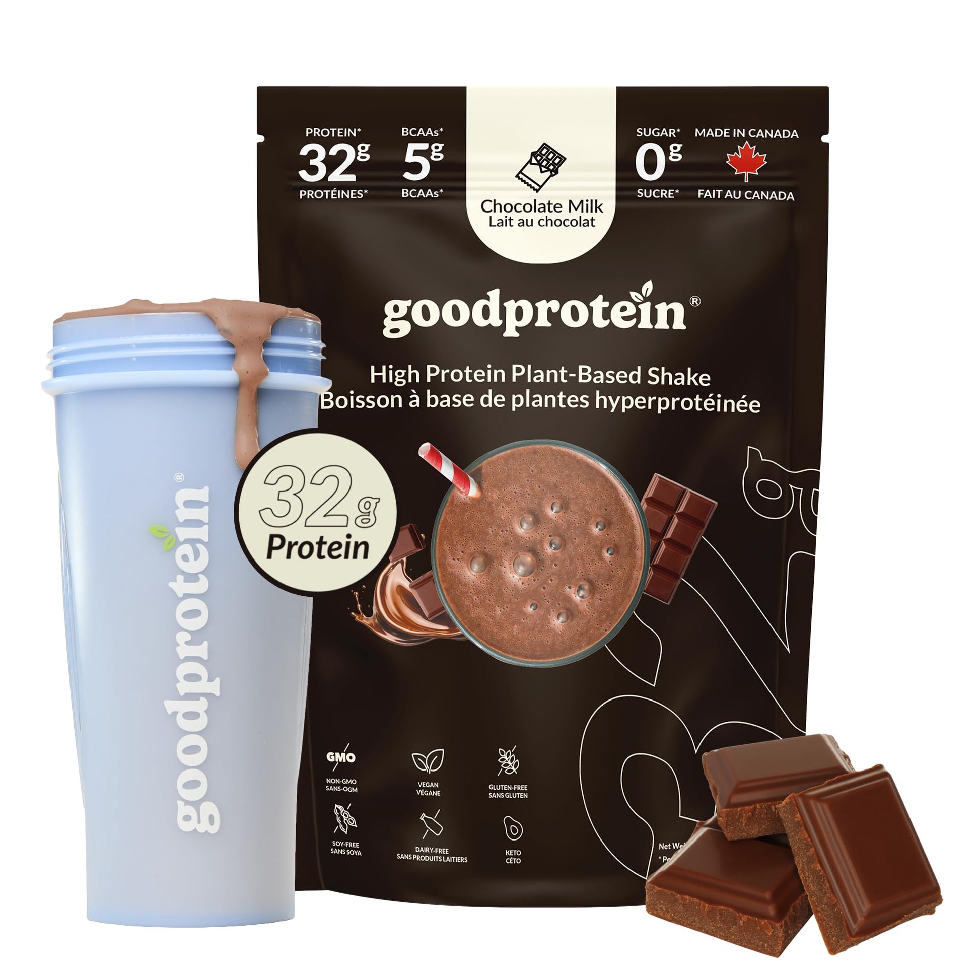 Good Protein – 32g Protein, Vegan High Protein Powder, 100% Natural, Non-GMO, Dairy-free, Gluten & Soy Free and No Added Sugar. Plant-Based Protein Shake (Chocolate Milk, 470 g)