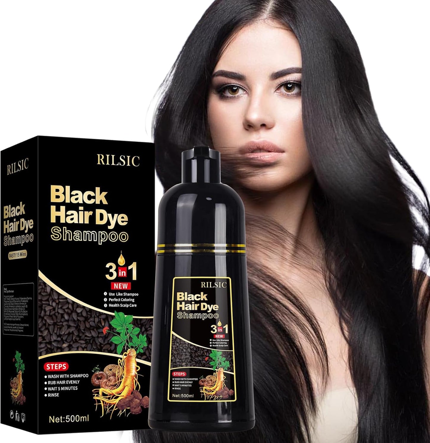500ML Hair Color Shampoo for Women Men, Hair Dye Shampoo for Grey Hair Beard Coverage, Instant Colour Shampoo 3 in 1 - Long Lasting - Natural - Hair Coloring Hair in Minutes (Natural Black) - Available at All In One Marketplace Canada
